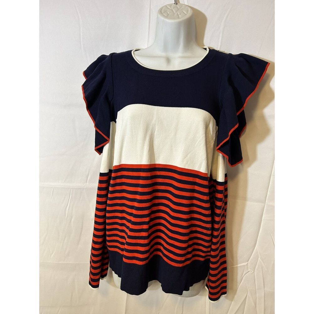 Umgee Women's Medium Red White Blue Knit Cold Shoulder‎ Sweater EUC